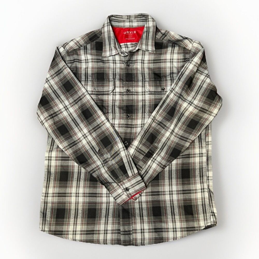 Orvis Button Down Shirt Mens L Black Red Plaid Lightweight Classic Collection